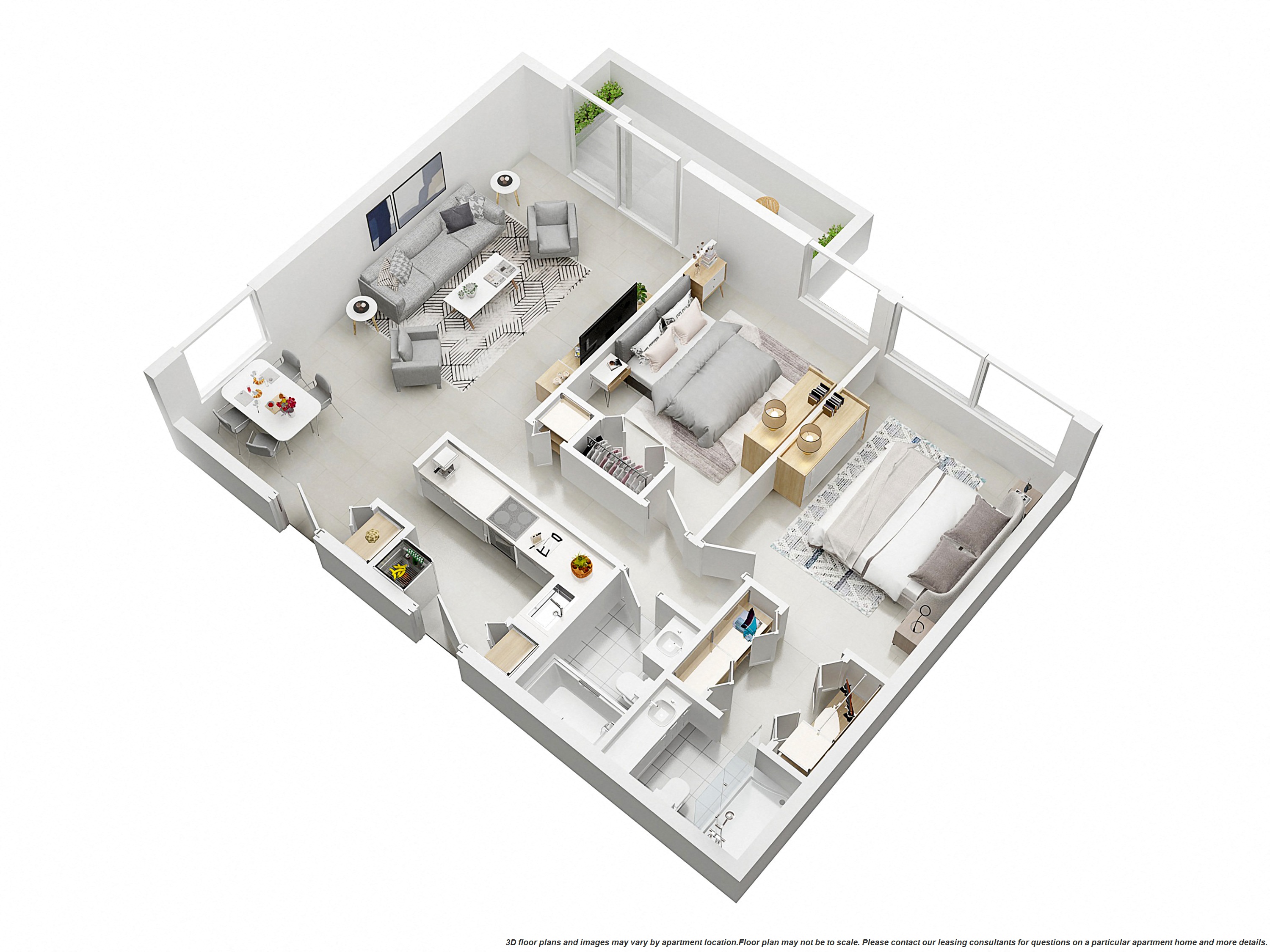 Floor plan for 2 beds, 2 baths, 1050 sqft